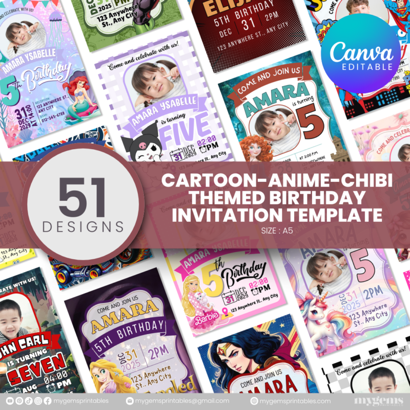 51 Designs | Cartoon-Anime-Chibi Themed Birthday Invitation Template | Canva Editable