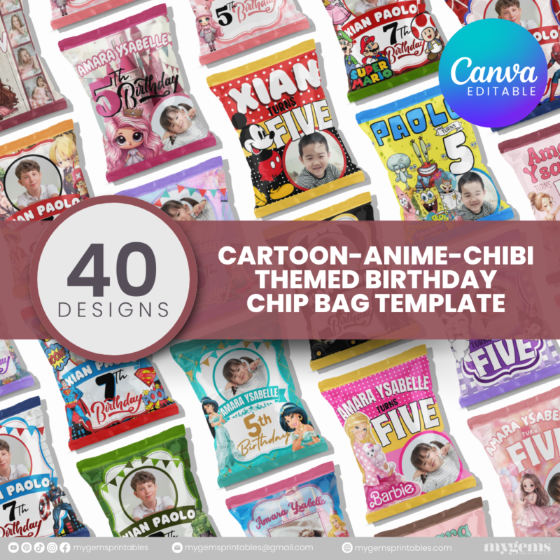 40 Designs | Cartoon-Anime-Chibi Themed Birthday Chip bag Template | Canva Editable