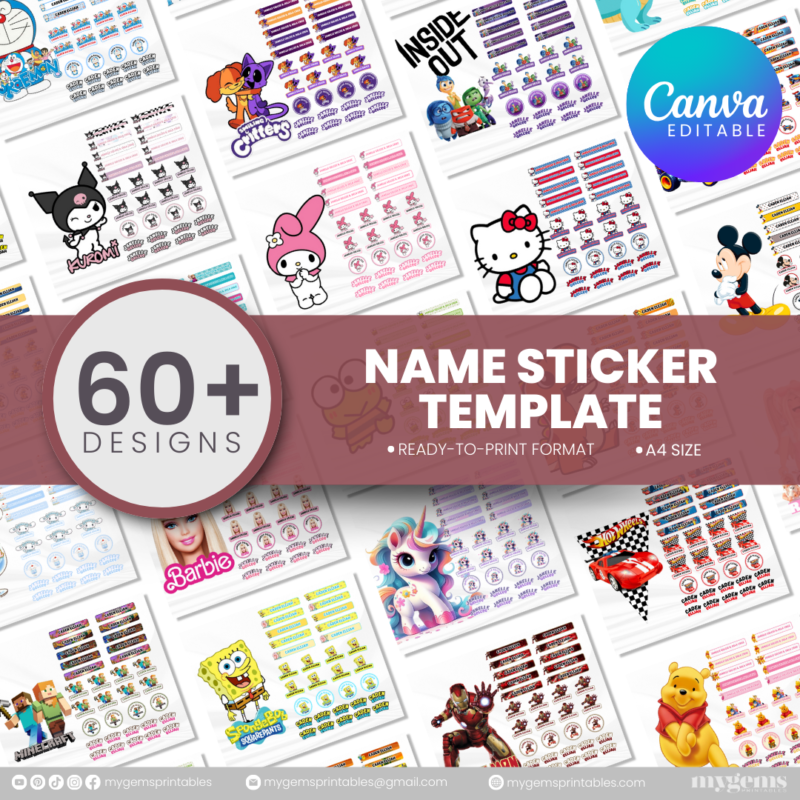 60+ Designs | Name Sticker Template | Ready-To-Print | Canva Editable