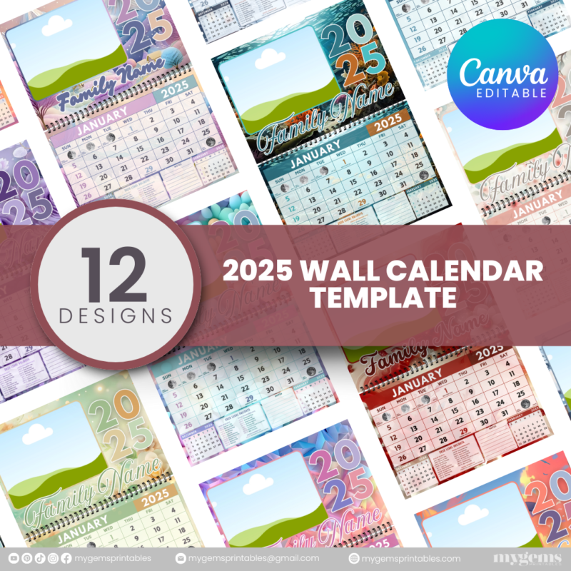 12 Designs | 2025 Wall Calendar Template (A4) | Canva Editable