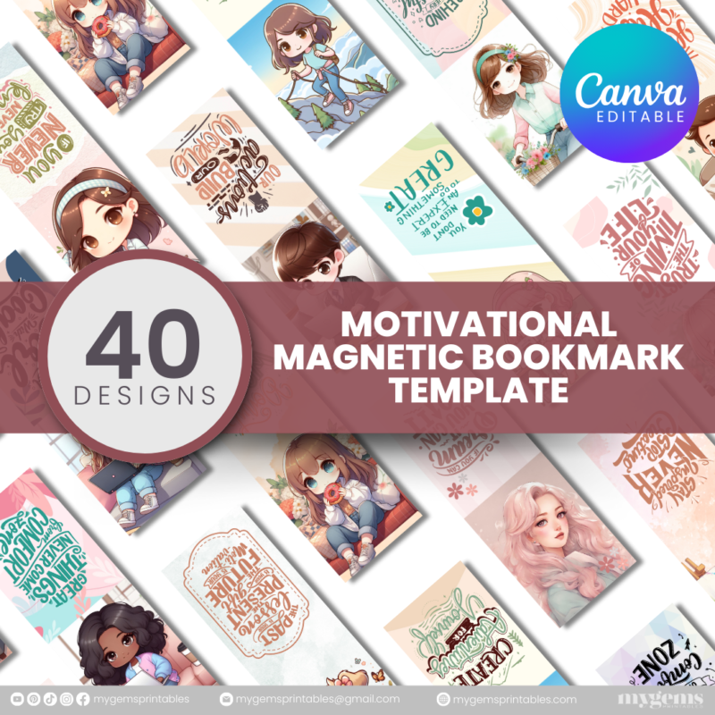 40 Designs | Motivational Magnetic Bookmark Template  | Canva PRO Editable