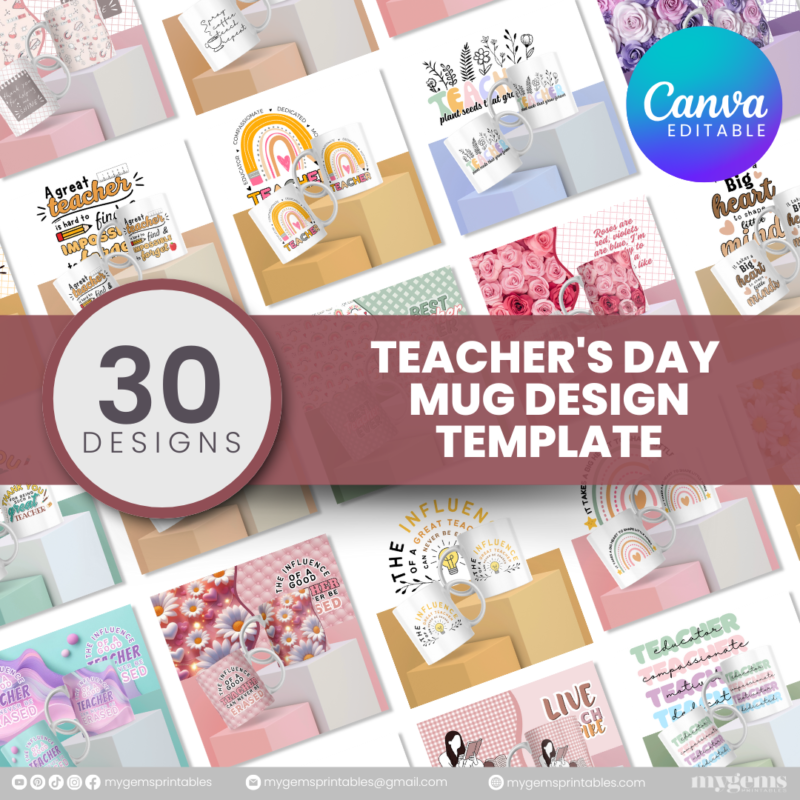 30 Designs | Teacher's Day Mug Design Template  | Canva Editable