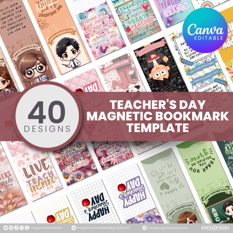 40 Designs | Teacher's Day Magnetic Bookmark Template  | Canva Editable | Ready to Print
