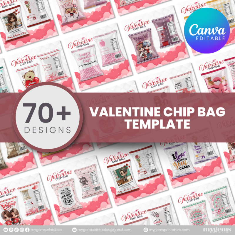 70+ Designs | Valentine Chip Bag Template | Canva PRO Editble