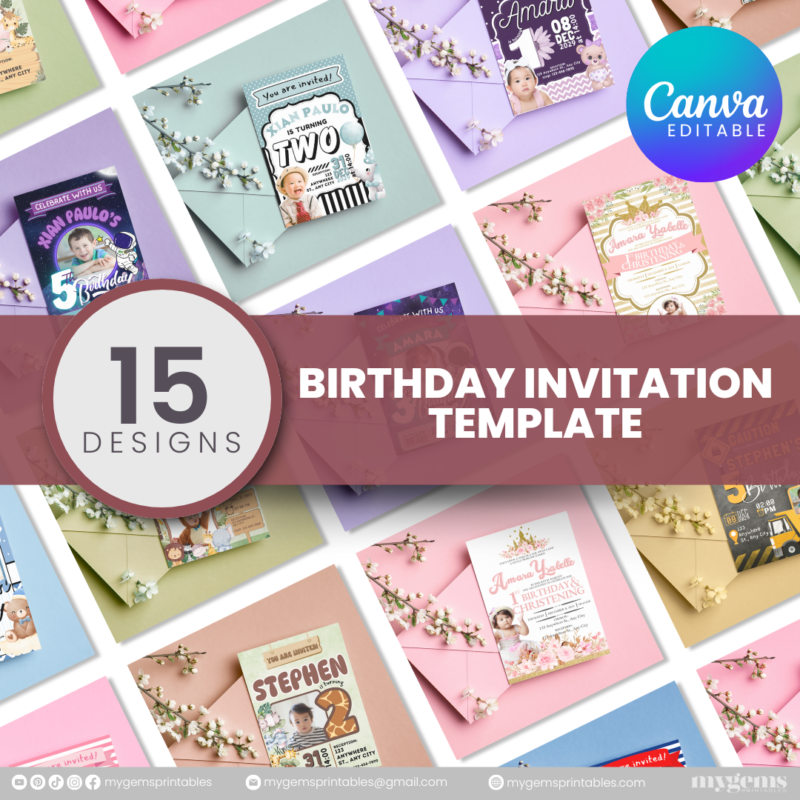 15 Designs | Birthday Invitation Template | Canva PRO Editble