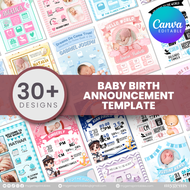 30+ Designs | Baby Birth Announcement Template | Canva PRO Editable