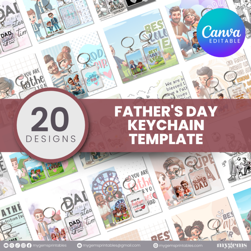 20 Designs | Father's Day Keychain Template | Canva Editable | Ready to Print