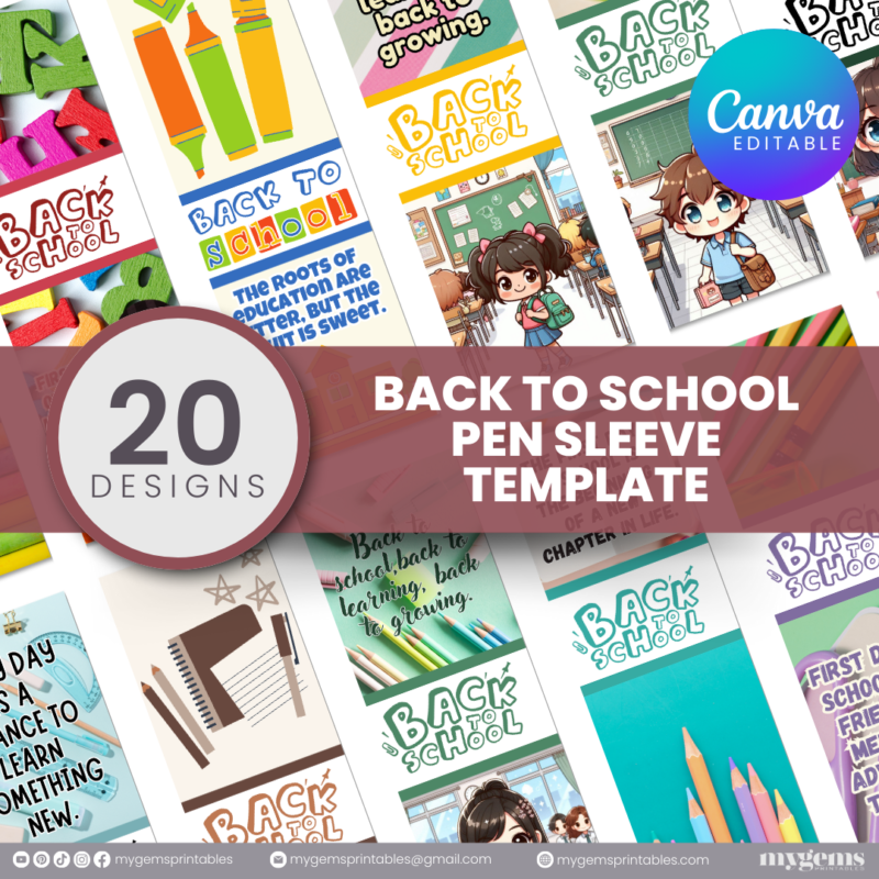 20 Designs | Back to School Pen Sleeve Template | Canva Editable | Ready to Print