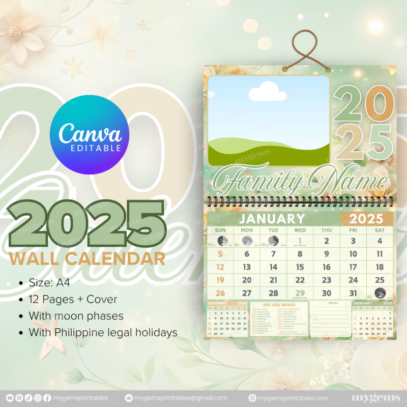 12 Designs | 2025 Wall Calendar Template (A4) | Canva Editable - Image 10