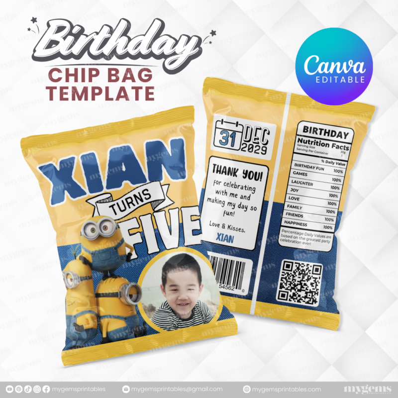 40 Designs | Cartoon-Anime-Chibi Themed Birthday Chip bag Template | Canva Editable - Image 24