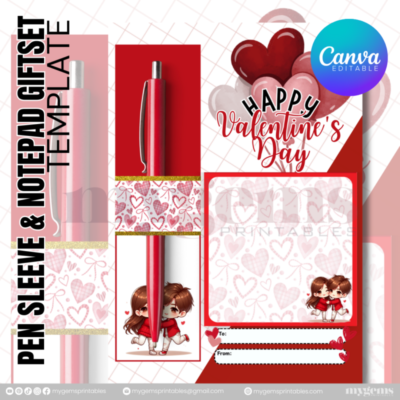 20 Designs | Valentine Pen Sleeve & Notepad Giftset Template | Canva PRO Editable - Image 21