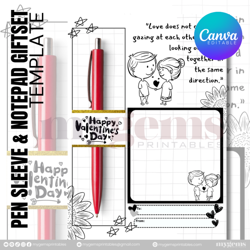 20 Designs | Valentine Pen Sleeve & Notepad Giftset Template | Canva PRO Editable - Image 2