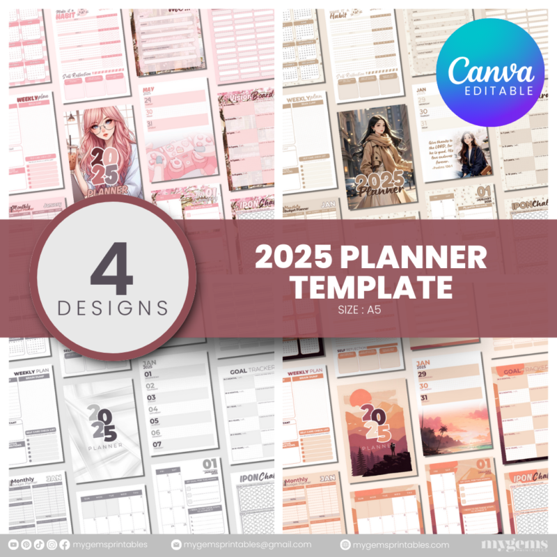 4 Designs | 2025 Planner Template (A5) | Canva Editable