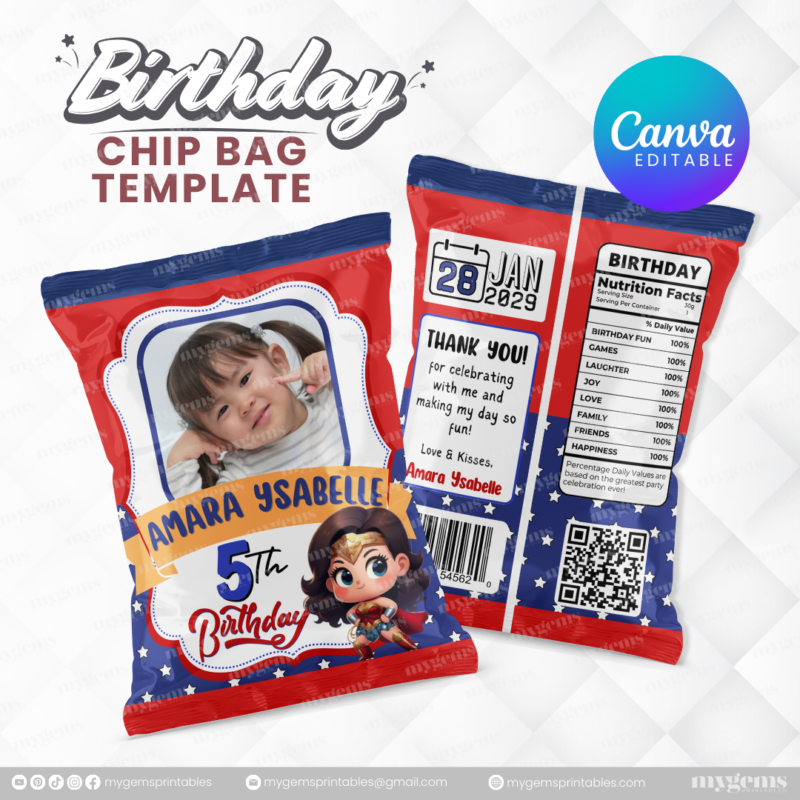 40 Designs | Cartoon-Anime-Chibi Themed Birthday Chip bag Template | Canva Editable - Image 34