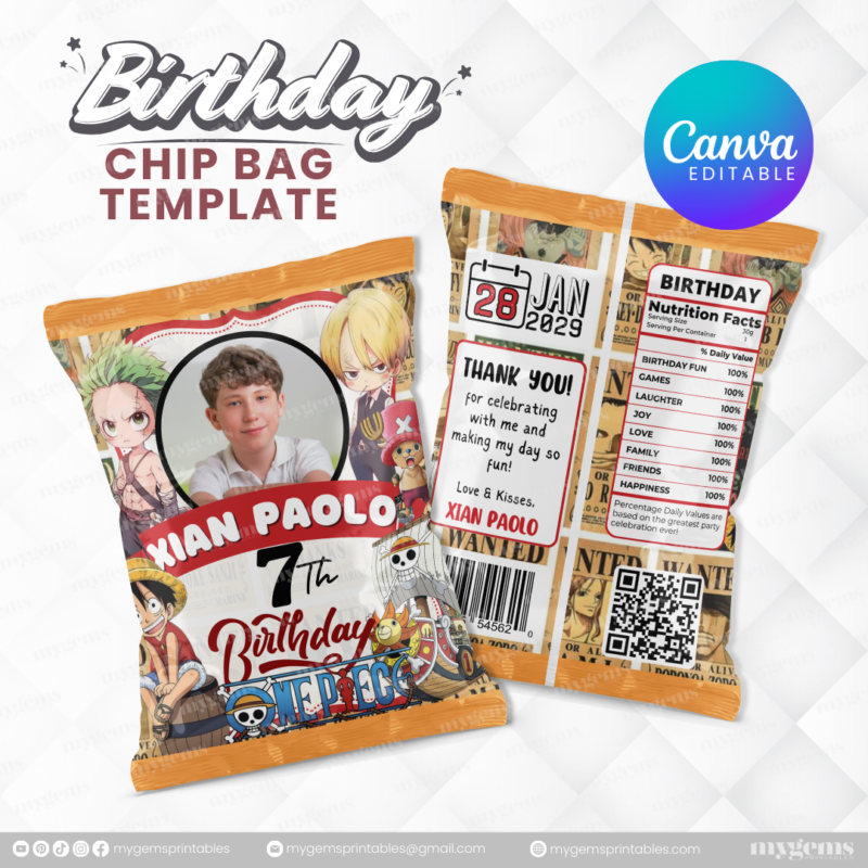 40 Designs | Cartoon-Anime-Chibi Themed Birthday Chip bag Template | Canva Editable - Image 36