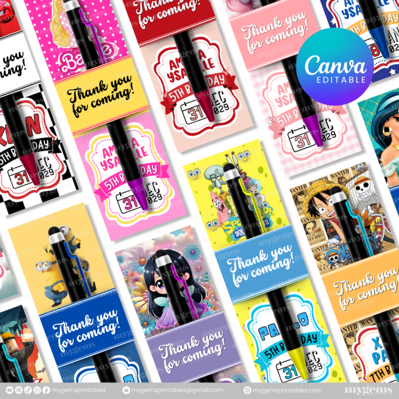 40 Designs | Cartoon-Anime-Chibi Themed Birthday Pen Sleeve Template | Canva Editable - Image 6