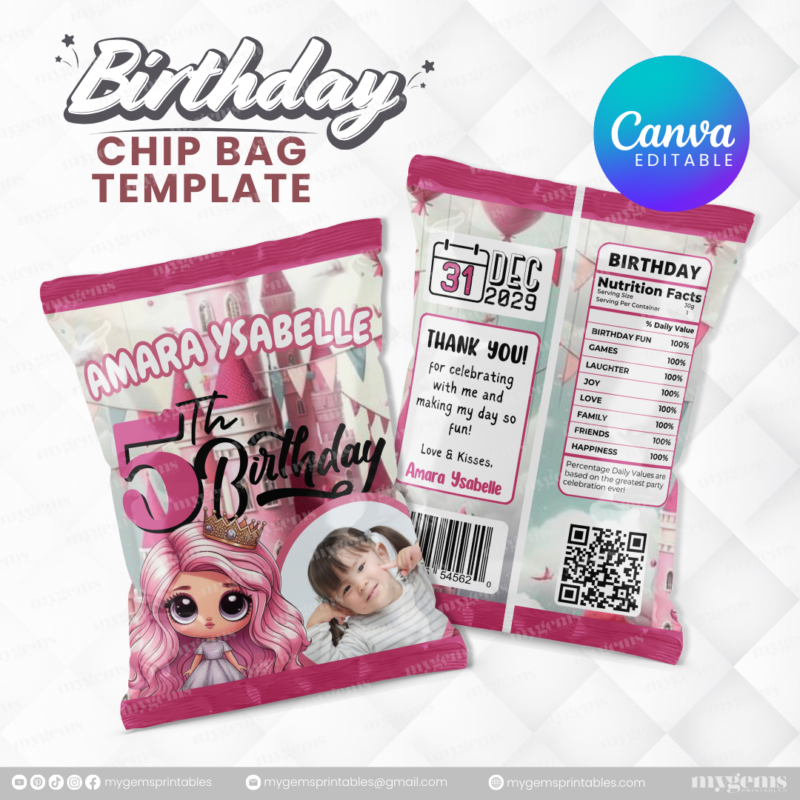 40 Designs | Cartoon-Anime-Chibi Themed Birthday Chip bag Template | Canva Editable - Image 3