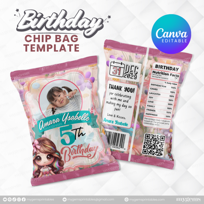 40 Designs | Cartoon-Anime-Chibi Themed Birthday Chip bag Template | Canva Editable - Image 4