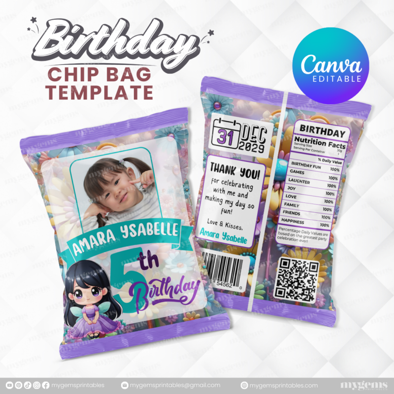 40 Designs | Cartoon-Anime-Chibi Themed Birthday Chip bag Template | Canva Editable - Image 5