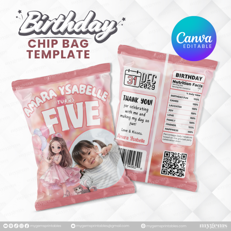 40 Designs | Cartoon-Anime-Chibi Themed Birthday Chip bag Template | Canva Editable - Image 6