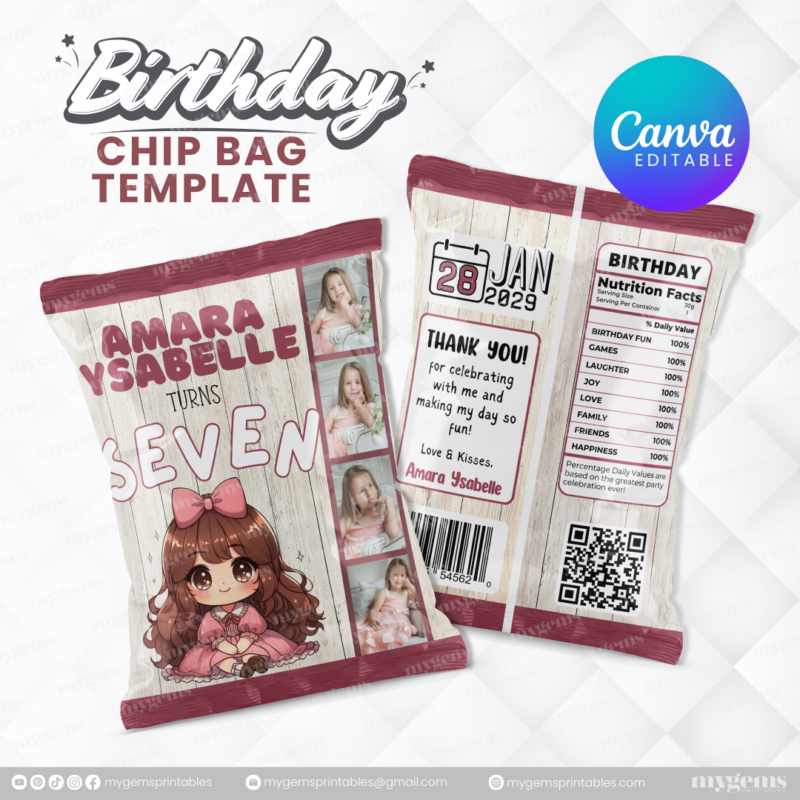 40 Designs | Cartoon-Anime-Chibi Themed Birthday Chip bag Template | Canva Editable - Image 7