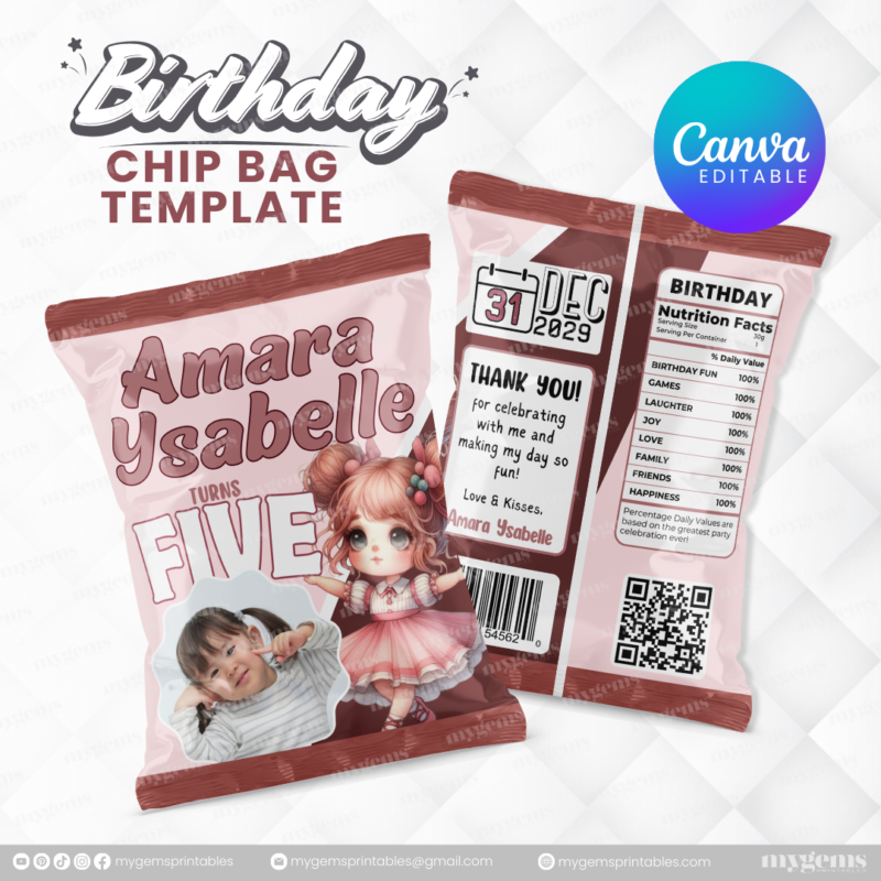 40 Designs | Cartoon-Anime-Chibi Themed Birthday Chip bag Template | Canva Editable - Image 11