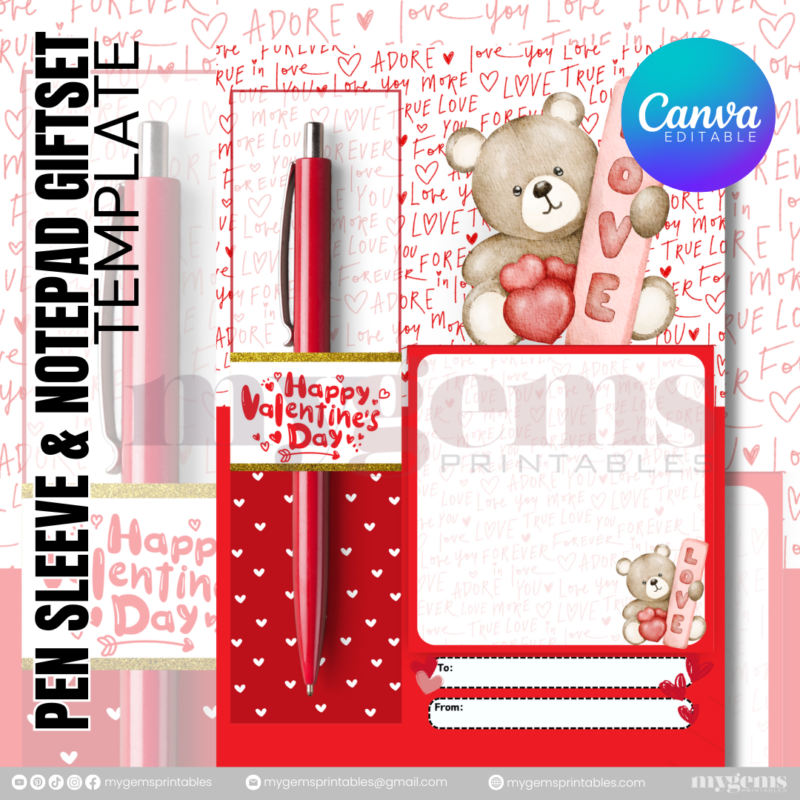 20 Designs | Valentine Pen Sleeve & Notepad Giftset Template | Canva PRO Editable - Image 7