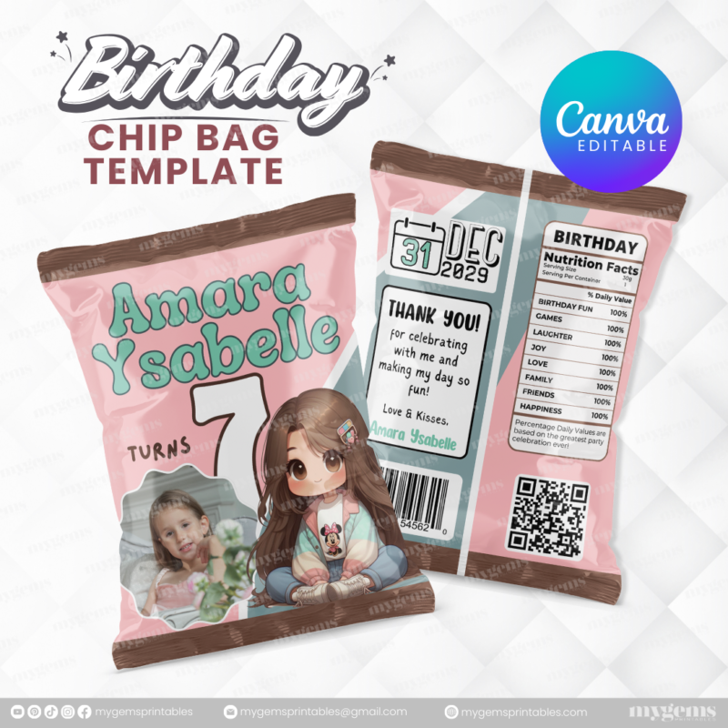 40 Designs | Cartoon-Anime-Chibi Themed Birthday Chip bag Template | Canva Editable - Image 13