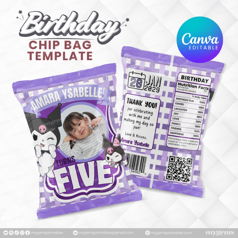 40 Designs | Cartoon-Anime-Chibi Themed Birthday Chip bag Template | Canva Editable - Image 17