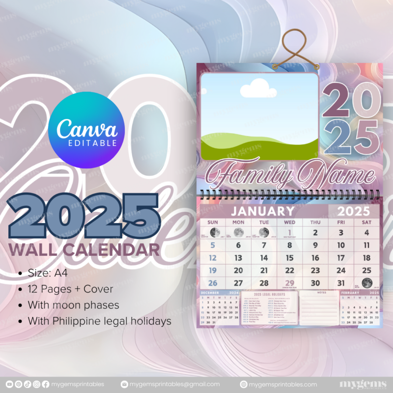 12 Designs | 2025 Wall Calendar Template (A4) | Canva Editable - Image 5