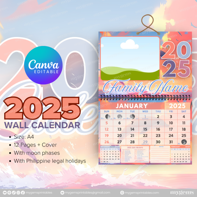 12 Designs | 2025 Wall Calendar Template (A4) | Canva Editable - Image 8