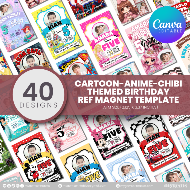 40 Designs | Cartoon-Anime-Chibi Themed Birthday Ref Magnet Template | Canva Editable