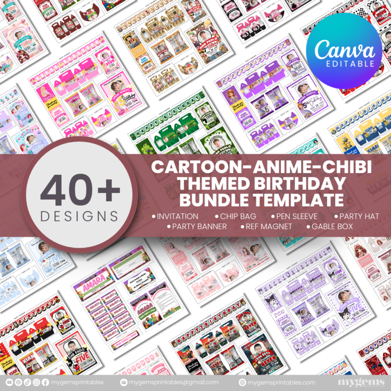 40 Designs | Cartoon-Anime-Chibi Themed Birthday Bundle Template | Canva Editable