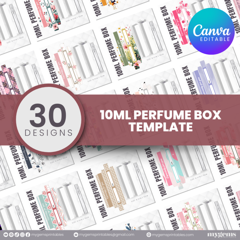 30 Designs | 10ML Perfume Box Template | Canva Editable