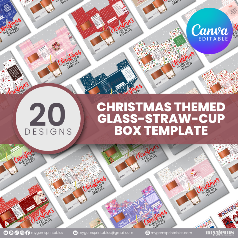 20 Designs | Christmas Themed Glass-Straw-Cup Box Template | Canva Editable | Ready to Print