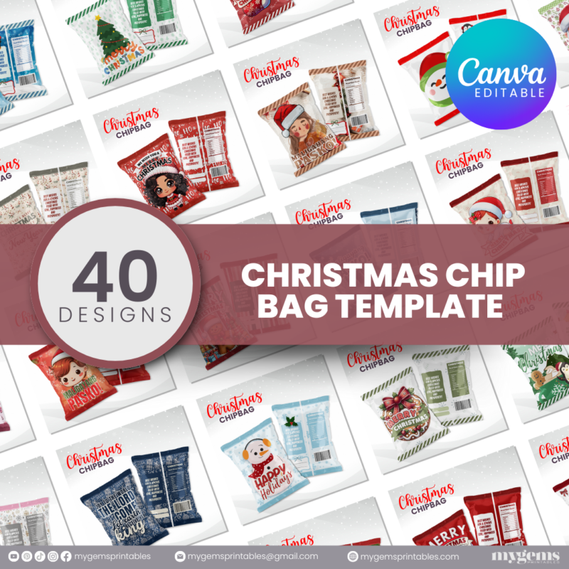 40 Designs | Christmas Themed Chip Bag Template | Canva Editable | Ready to Print