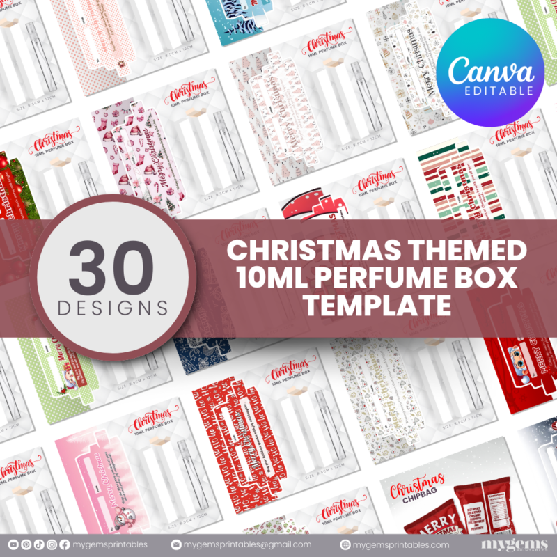 30 Designs | Christmas Themed 10ML Perfume Box Template | Canva Editable