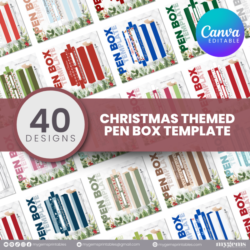 40 Designs | Christmas Themed Pen Box Template | Canva Editable