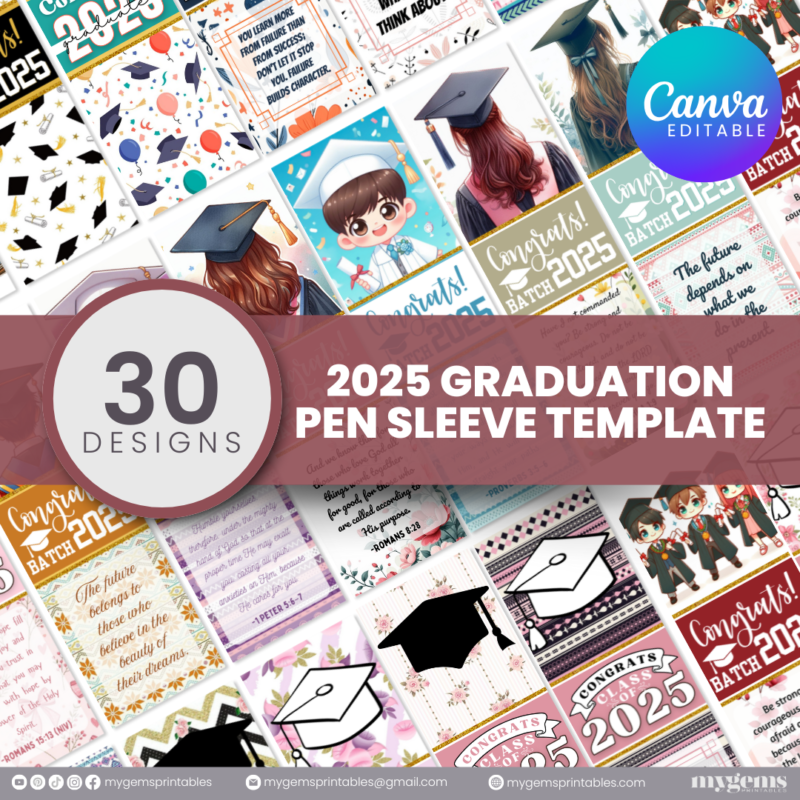 30 Designs | 2025 Graduation Pen Sleeve Template | Canva Editable | Ready to Print