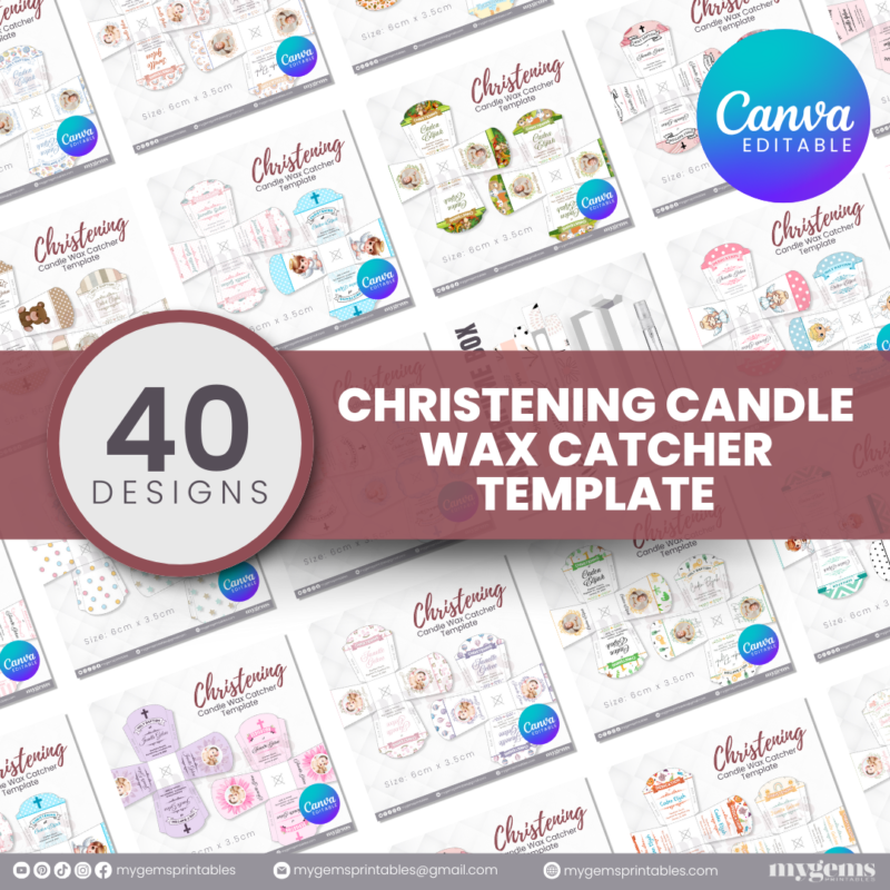 40 Designs | Christening Candle Wax Catcher Template | Canva Editable
