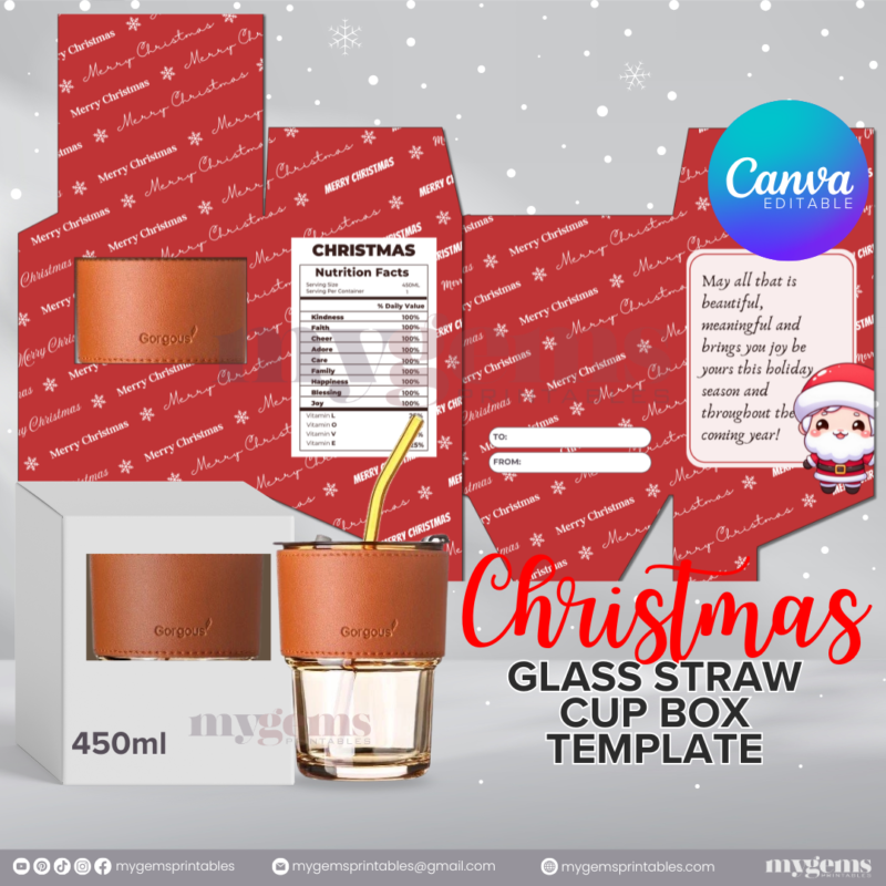 20 Designs | Christmas Themed Glass-Straw-Cup Box Template | Canva Editable | Ready to Print - Image 20
