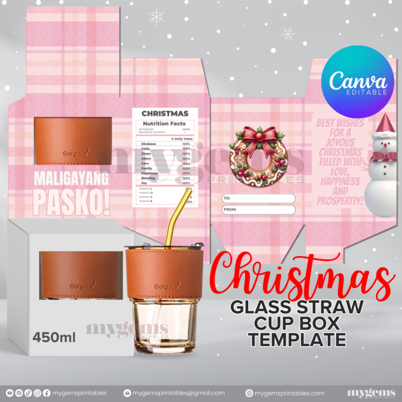 20 Designs | Christmas Themed Glass-Straw-Cup Box Template | Canva Editable | Ready to Print - Image 18