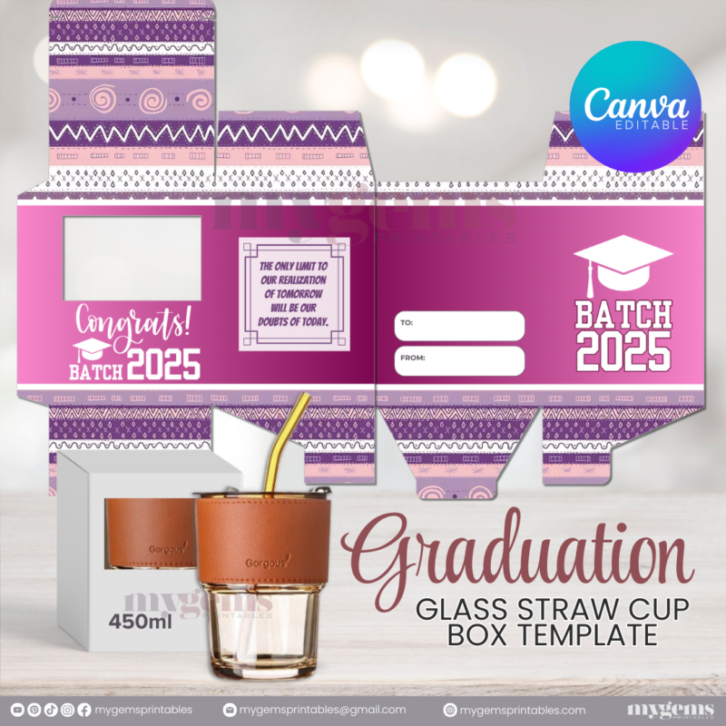 20 Designs | 2025 Graduation Themed Glass-Straw-Cup Box Template | Canva Editable | Ready to Print - Image 3