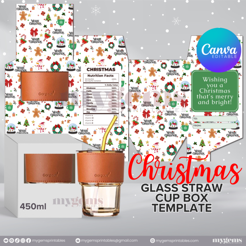 20 Designs | Christmas Themed Glass-Straw-Cup Box Template | Canva Editable | Ready to Print - Image 17