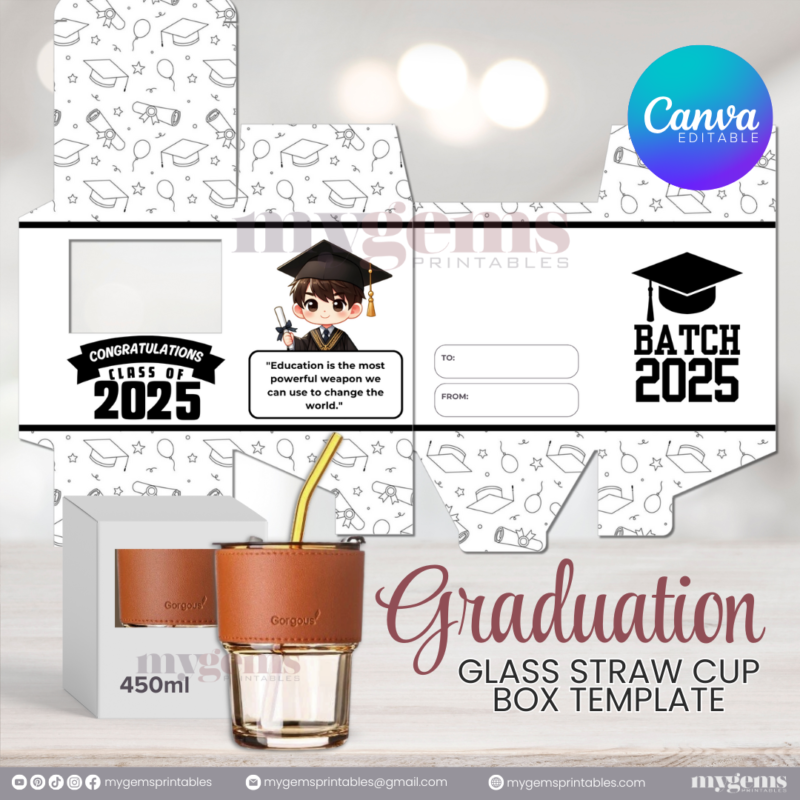 20 Designs | 2025 Graduation Themed Glass-Straw-Cup Box Template | Canva Editable | Ready to Print - Image 7