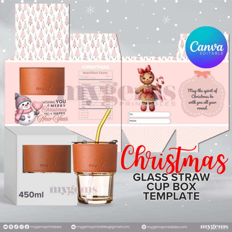 20 Designs | Christmas Themed Glass-Straw-Cup Box Template | Canva Editable | Ready to Print - Image 16