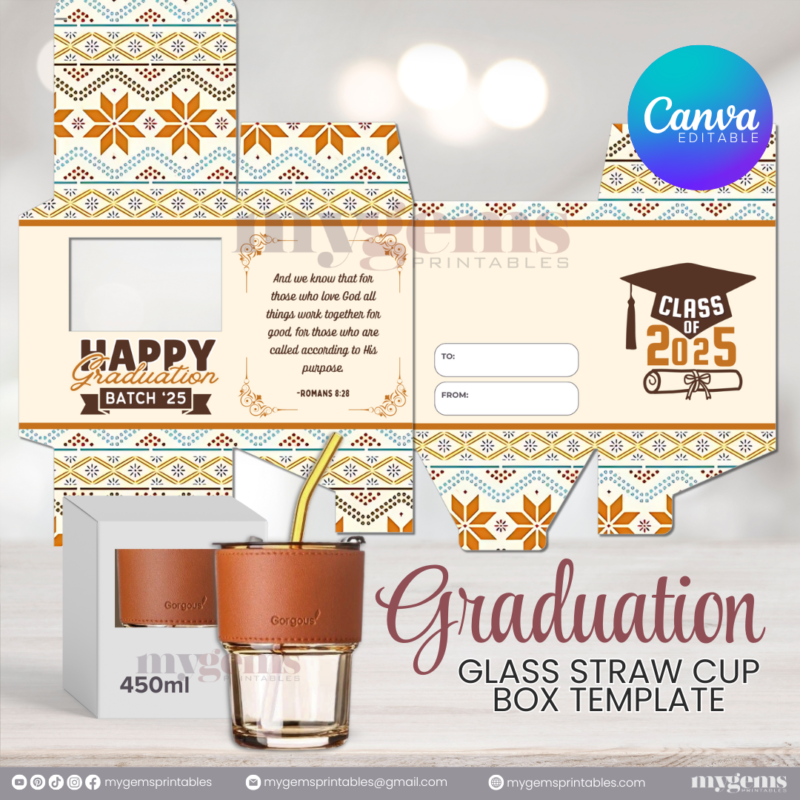 20 Designs | 2025 Graduation Themed Glass-Straw-Cup Box Template | Canva Editable | Ready to Print - Image 5