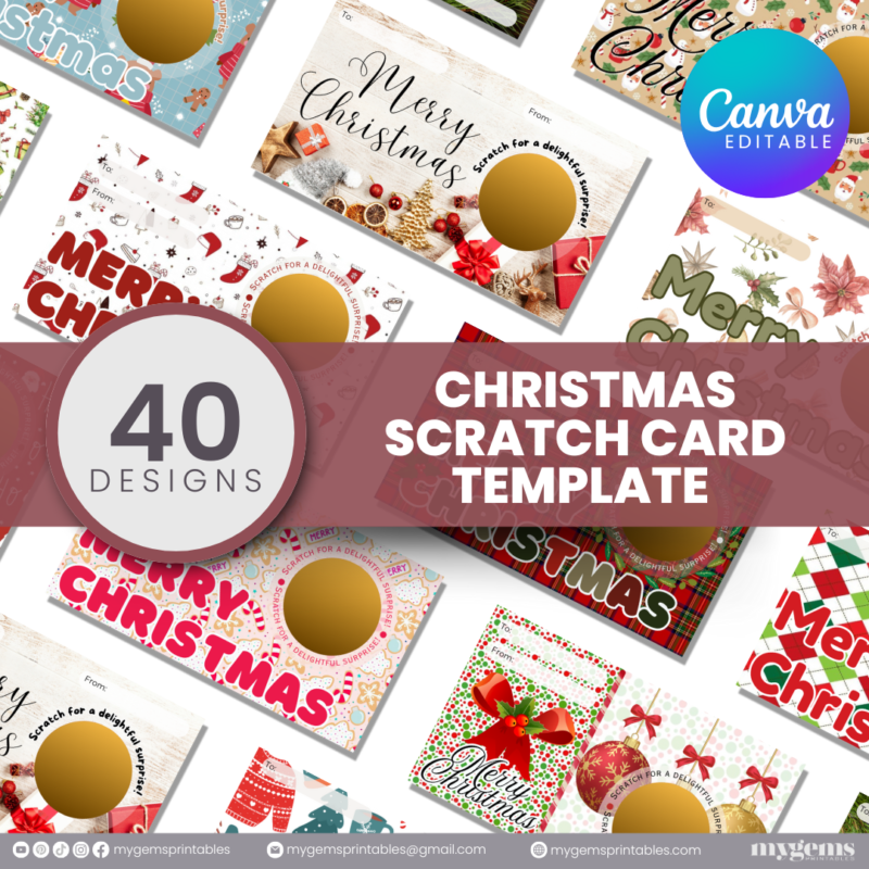 30 Designs | Christmas Themed Scratch Card Template | Canva Editable