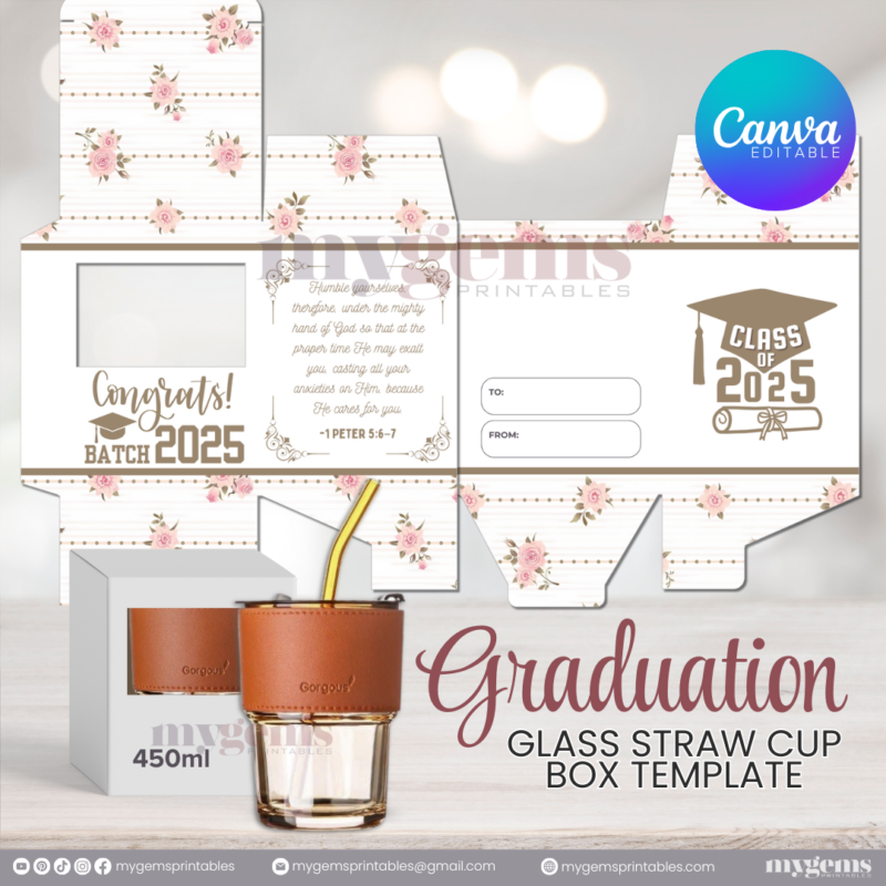 20 Designs | 2025 Graduation Themed Glass-Straw-Cup Box Template | Canva Editable | Ready to Print - Image 8