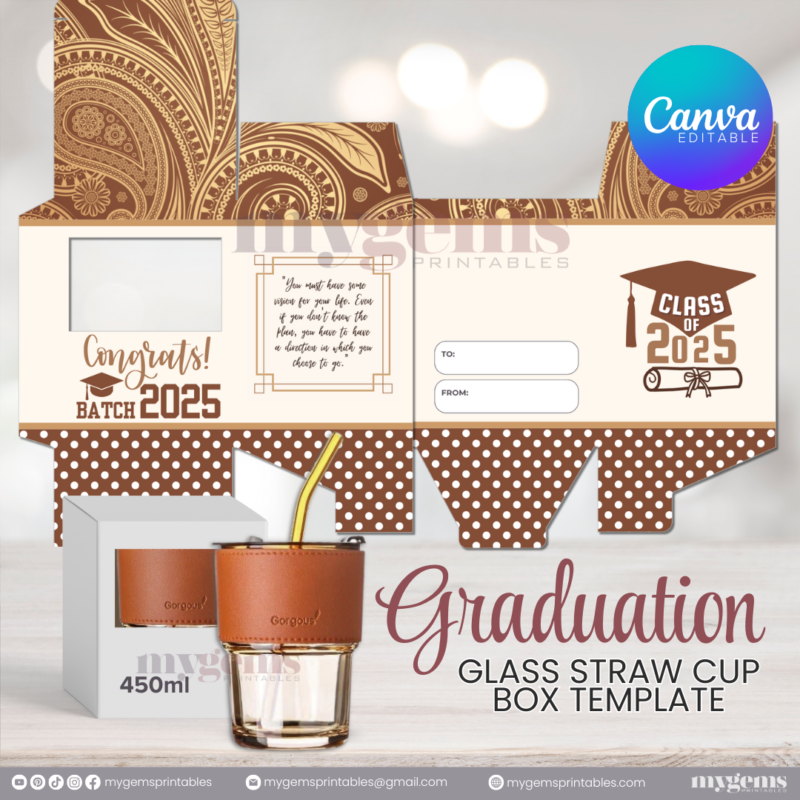 20 Designs | 2025 Graduation Themed Glass-Straw-Cup Box Template | Canva Editable | Ready to Print - Image 14